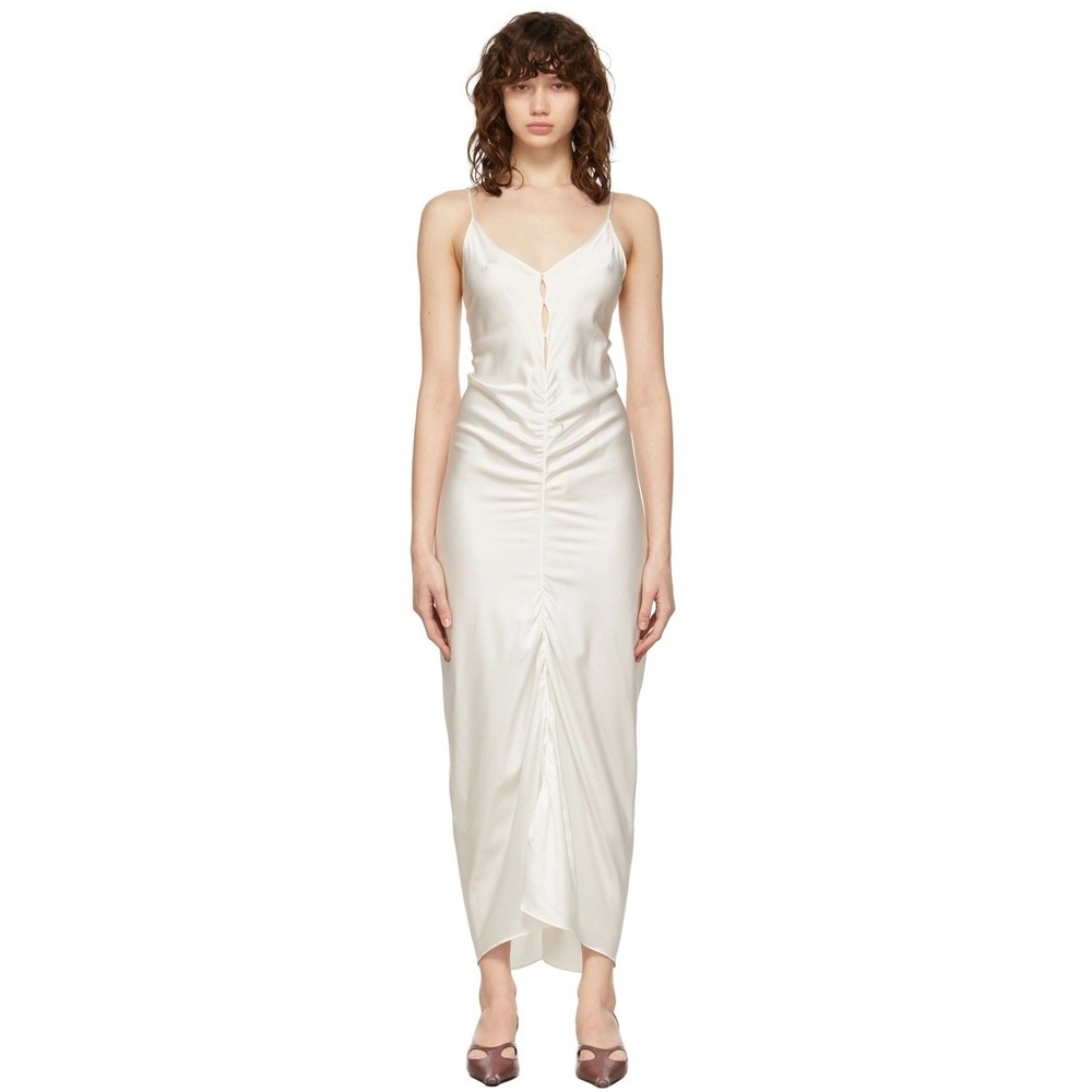 RUI White Silk Long Maxi Dress Ruched Button Detail Size S 4 NWOT